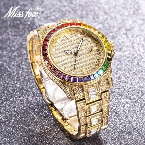 MISSFOX Colored Diamonds Top Men Watches Full Diamond Hip Hop Fashion Male Quartz Iced Out Bling AAA Watch Date Jewelry Clocks