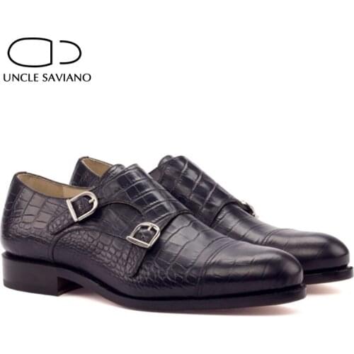 Uncle Saviano Double Monk Strap Style Black Dress Best Men Shoes Office Fashion Designer Handmade Genuine Leather Shoes for Man