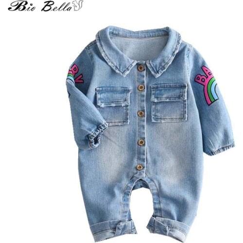 New Baby Boy Clothes Fashion Blue Denim long Sleeve Baby Rompers Newborn Animal Giraffe Rainbow Jumpsuits Roupas Bebes Costume