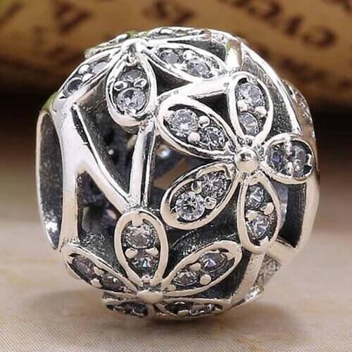 Original Openwork Daisy Meadow With Crystal Bead Fit 925 Sterling Silver Bead Charm Bracelet Bangle DIY Jewelry