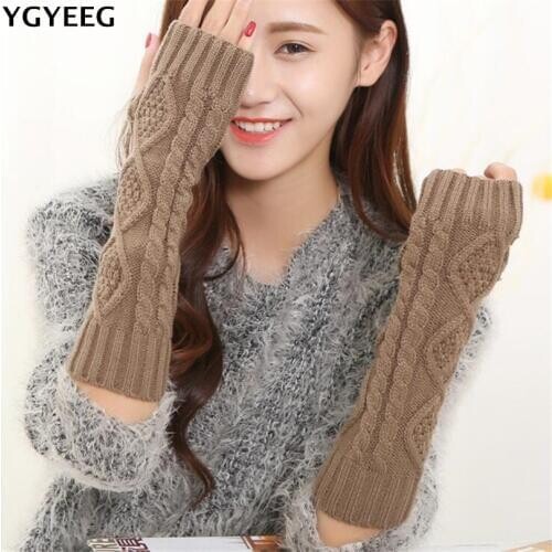 YGYEEG High Quality Arm Sleeve Diamond Fingerless Knitted Woolen Long Gloves Elbow Autumn Winter Warm Men/Women Unisex Gloves