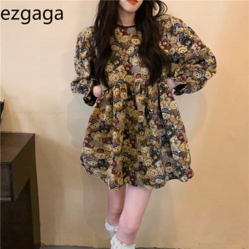 Ezgaga Cartoon Bear Dress Women Puff Long Sleeve Vintage 2021 Autumn Loose O-Neck Sweet Girl High Waist Fashion Vestidos