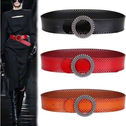 Genuine Leather Belts For Women Wide Luxury Black Cowhide Waist Strap Fashion Round No Pin Buckle Design Waistbands Dress Lady