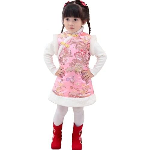 Pink Floral Baby Girl Dresses Coat Children Waistcoat Outerwear Sping Festival Quilted Cheongsam Girls Clothes Chi-Pao Dress Top