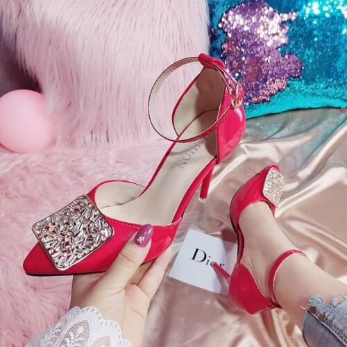 Square buckle rhinestone sandals 2021 summer new pointed toe hollow single shoes sexy stiletto high heels female large size