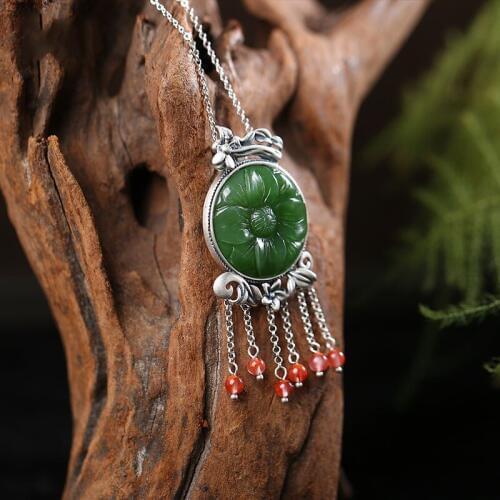 Vera Polaroid S925 Silver Retro Mosaic and Hotan Jade Jade Lotus tassel Woman High-end Sweater Chain Hanging Wholesale