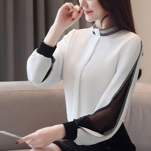 Chiffon Women Blouse Diamonds New 2020 Sexy Casual Hollow out Mesh korean Shirt Elegant Slim Stand Collar Women Tops blusa Black