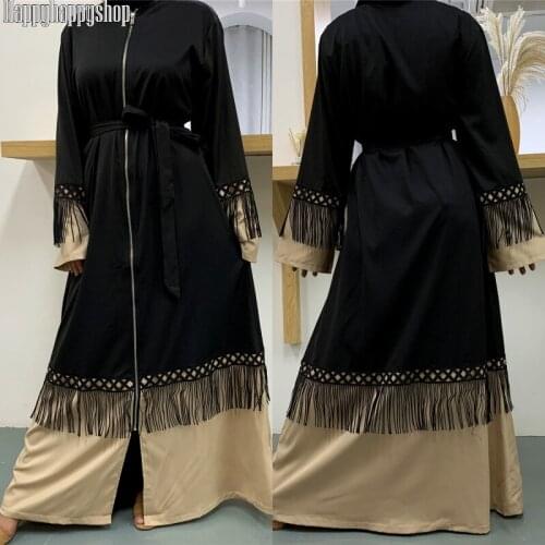 Fashion Zipper Cardigan Coat Women Tassle Kaftan Abaya Islamic Muslim Casual Loose Robe Arab African Black Dress Ramadan Gown