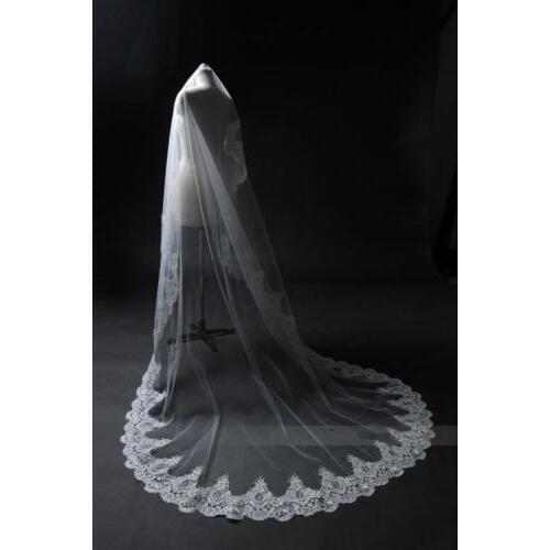 Cathedral wedding veil, chapel lace bride vail, embroidered hem, floral lace, light ivory &comb long veils