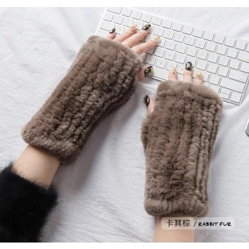 Womens Fur Gloves Real Rex Rabbit Fur Knitted Mittens Winter Warm Soft Navy Blue/Light Coffee