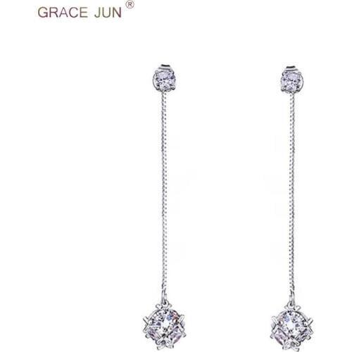 GRACE JUN Long Chain Tassel AAA CZ Ball Shape Clip on Earrings No Pierced for Women Fashion Bridesmaid Wedding Charm Earrings
