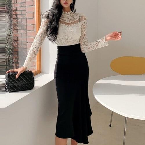 New 2 Pieces Skirt Set Women Spring Autumn Spliced Lace Shirts And High Waist Bodycon Mermaid Asymmetrical Skirts Suit