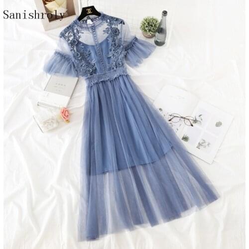 Two-piece 2021 New Women Butterfly Sleeve Lace Dress Sweet Hook Flower Hollow Mesh Dress Ladies High Waist A Line Long Vestidos