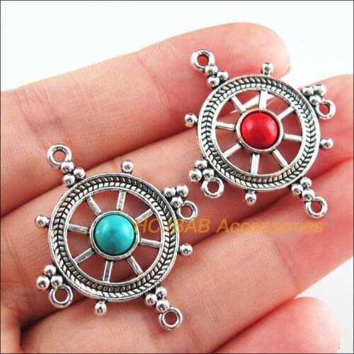 10Pcs Retro Tibetan Silver Tone Rudder Blue&Red Stone Charms Connectors 27.5x33.5mm