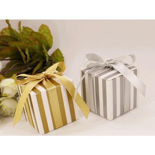 100Pcs/lot gold and sliver stripe Wedding Candy Box Wedding Favors Gifts Bag with ribbon for wedding decoration
