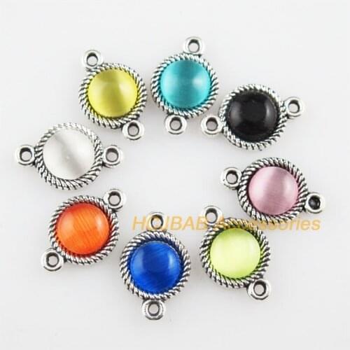 32 New Round Charms Tibetan Silver Stone Mixed Connectors 8.5x13.5mm