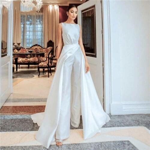 White Satin Jumpsuit Wedding Dress With Overskirt 2021 Simple Bride Reception Gowns Garden Pant Suits Robe De Soriee Mariage