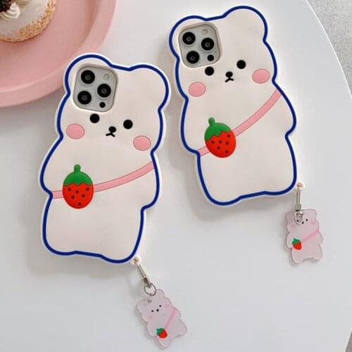 3D Cute Cartoon Strawberry Backpack Bear Phone Case for iPhone 12 Mini 11 Pro Max SE 2020 Soft Silicone Shockproof Cover Pendant