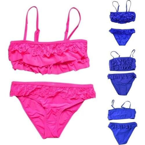 2Pcs Children Girls Solid Color Hollow Ruffles Strappy Bikini Swimsuit Swimwear