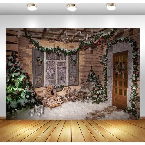 Christmas Background for Wooden Door Wall Photography Background Christmas Snow Bear Backdrop for Birthday Party Photo Studio
