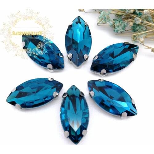 Best-selling!Peacock blue horse eye shape Glass Crystal sew on rhinestones with FOUR claw Diy shose accessories Free shipping