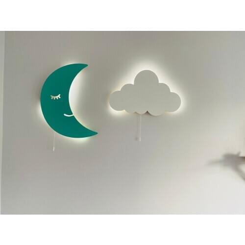 Set of 2- Nursery Night Light, Moon Wall Lamp Cloud Light Children Bedroom Decor Wooden Led Lampion Wooden Lamps Baby Lamp