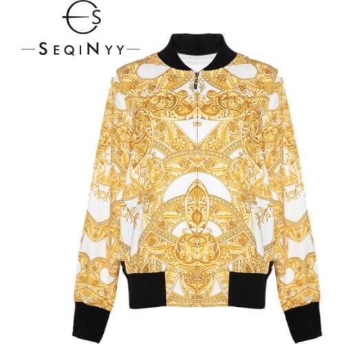SEQINYY Vintage Jacket Golden Flowers Printed 2020 Autumn Spring Long Sleeve Women Fashion Design Baseball Top
