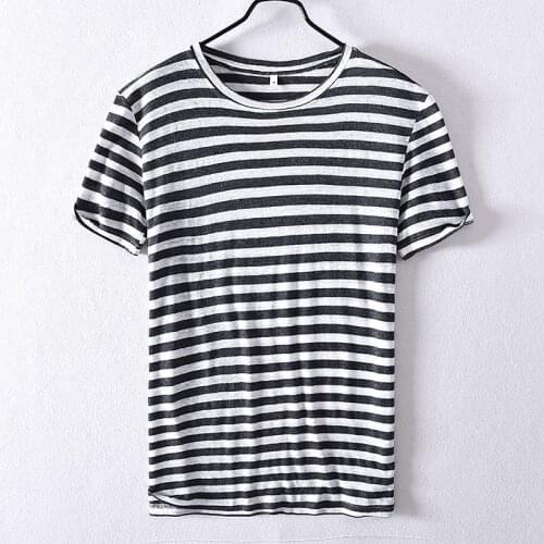 100% Linen High quality Mens Tops & tees Summer Mens t-shirts Short sleeve Casual striped mens tees Fashion mens clothing