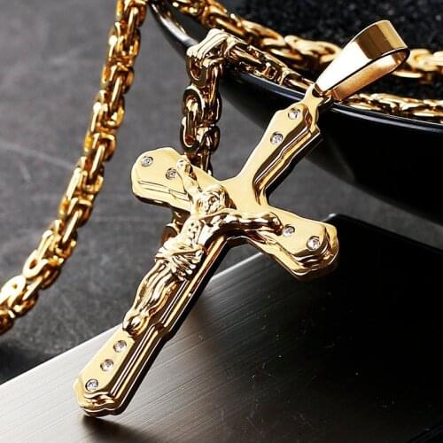 Ancient Men Stainless Steel Crystal Jesus Christ Holy Crucifix Cross Pendant Necklace Byzantine Chain Necklaces Jewelry Gifts