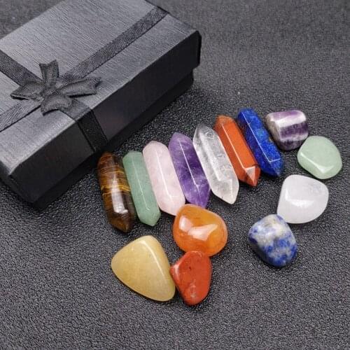 14pcs /set Chakela Stone Seven Chakra Hexagonal Column Crystal Power Stone Set Amethyst Pink Quartz Gemstones Ornaments for Home