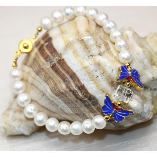 New fashion 7-8mm natural white pearl butterfly cloisonne beads charms bracelets for women girls gift diy jewelry 7.5inch B2980