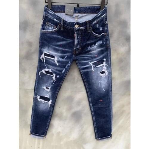 New DSQUARED2 Mens/Womens Hole Patch Micro-Elastic Paint Casual Feet Slimming Washed Dark Denim Trousers 9131