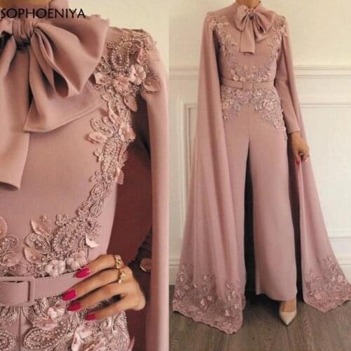 New Arrival Jumpsuit Rompers for Women Dusty Pink Beaded Lace Appliques Evening Pants Dubai Arabic Evening Dress 2021 Vestidos