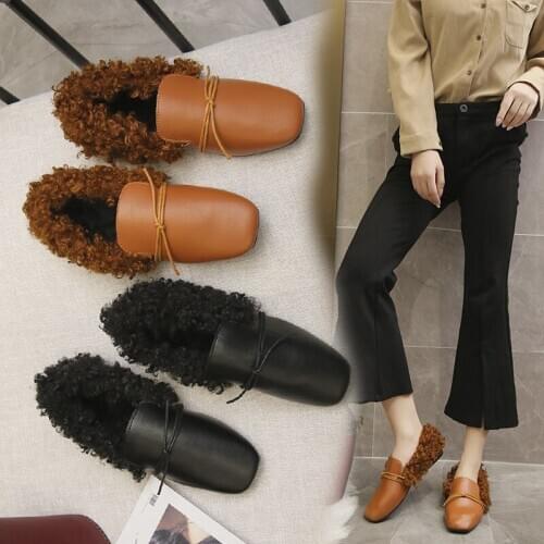 Plush shoes for women in winter wear a new style of net red all round flat bottomed lamb Plush Bean shoes and plush cotton shoes