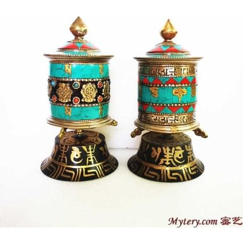 Tibetan Buddhist Prayer Wheel Stand Mani Wheel Copper Inlaid Colorful Stone Six Words Mantras Buddha Eye Handicrafts TBC956