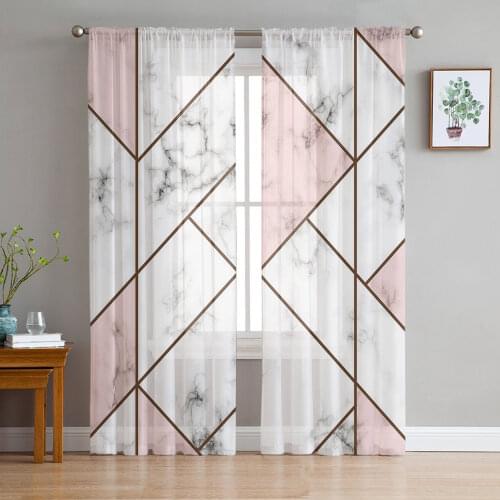 White Marble Texture Pink Triangle Tulle Sheer Window Curtains for Living Room Kitchen Children Bedroom Voile Hanging Curtain