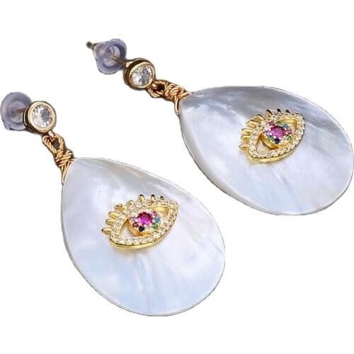 JK Teardrop White Shell Pearl Mop Gold Plated filled with rainbow cubic zirconia cz Dangle Hook Earrings
