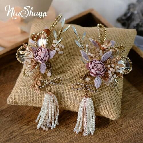 NiuShuya Retro Sweet European Brides Barrettes Headbands Crystal Tassles Hairwear Wedding Hair Accessorie