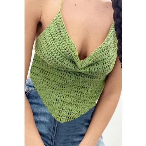 Green Halter knit V-neck Backless Lace up a small sling Crop Tops E-girl Aesthetic Cute Mini Vests Beach Style Clothes