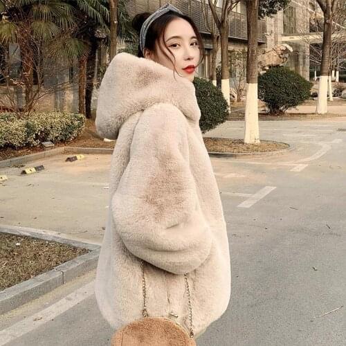 Women 2021 Winter Fashion Faux Fur Plush Jackets Female Imitation Rabbit Fur Hooded Coats Ladies Loose Zipper Warm Overcoat R346