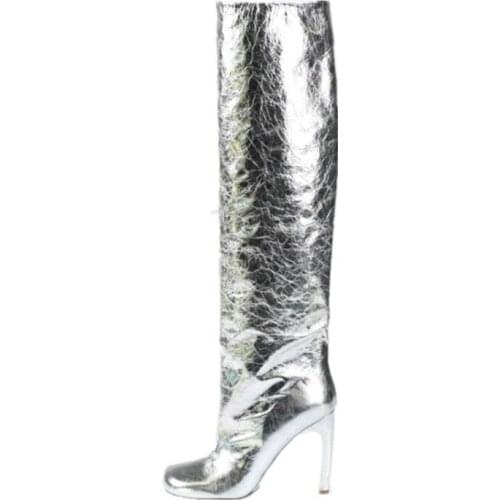 Spring Women Knee High Square Toe Boots Metallic Sheen Mirror Sheep Leather Stiletto High Heels Female Runway Banquet Botas 2022