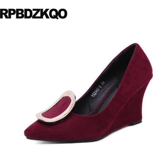 Pointed Toe 2017 Women Pumps Size 33 Ladies 4 34 Evening Female Gray Metal Wedge Shoes High Heels Suede Wine Red 3 Inch Chinese