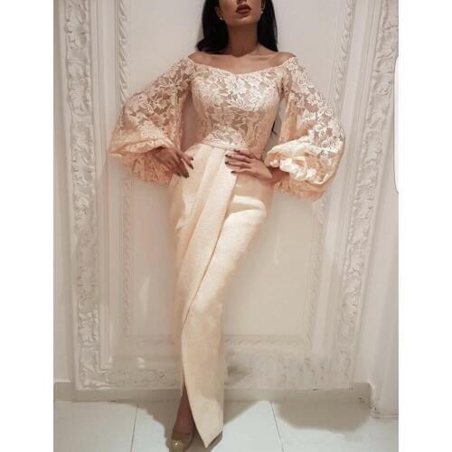 Plus Size Muslim Evening Dresses Mermaid Long Sleeves Lace Slit Islamic Dubai Saudi Arabic Long Evening Gown Prom Dress