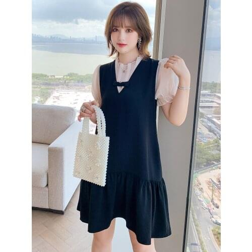 High quality Bowknot is stitching color hit fold straps false two women summer dress