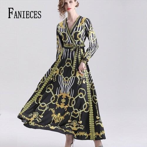 New fashion Autumn Runway Women High Quality Print Long Shirt Dresses Sashes lady Maxi Party Business dress Vestidos robe femme