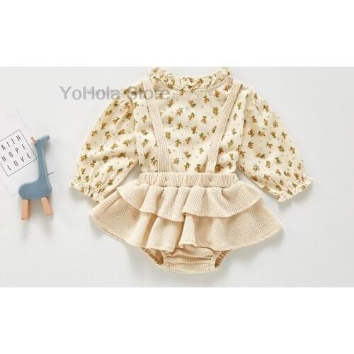 Spring 2Pcs Vintage Toddler Girl Clothes Set Cotton Girls Floral Blouse Shirt Romper Dress Spring Newborn Baby Clothes Outfits