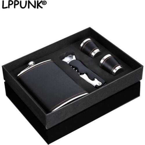 9oz Moscow whisky Cups liquor flagon 304 Stainless steel alcohol Vodka Bottle leather wrapping hip flask with opener gift set