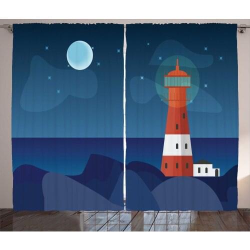 Lighthouse Night Curtains Cartoon Sea Side and Moon Satin Fabric Drapes for Living Room Bedroom 2 Panel Window Set