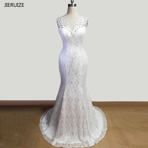 JIERUIZE White Lace Mermaid Wedding Dresses Lace Up Back Beaded Wedding Gowns vestidos de noiva robe de mariee