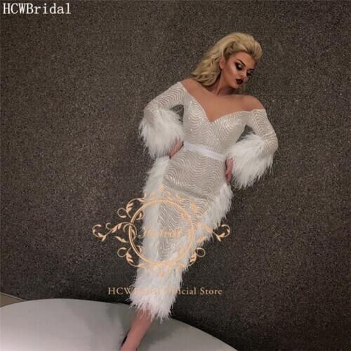 Shiny Long Sleeves Arabic Prom Dresses With Feather Sheath V Neck Short Sexy Evening Party Gown Plus Size Special Occasion Dress